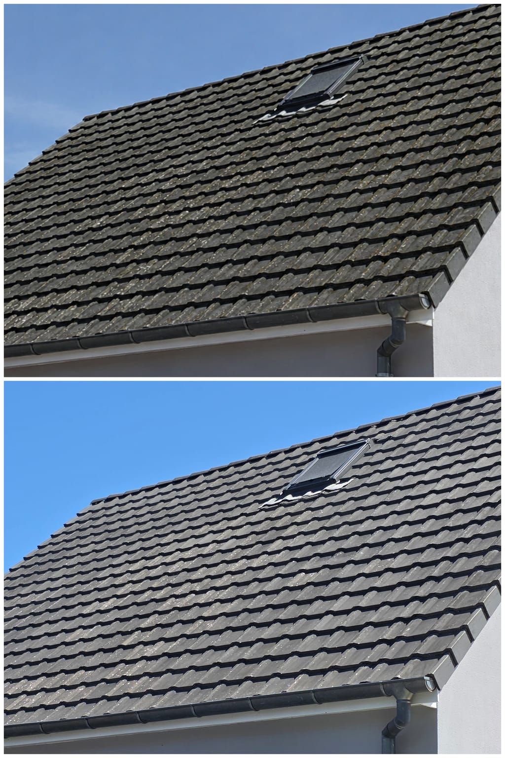 Deux vues de la même toiture, prises du même point. En haut, avant l'intervention : les tuiles sont recouvertes d'un voile de mousses et de lichens gris-vert qui ternit la couverture et masque le relief des tuiles. En bas, après le démoussage : les tuiles ont retrouvé leur teinte et leur relief, et la gouttière est dégagée.