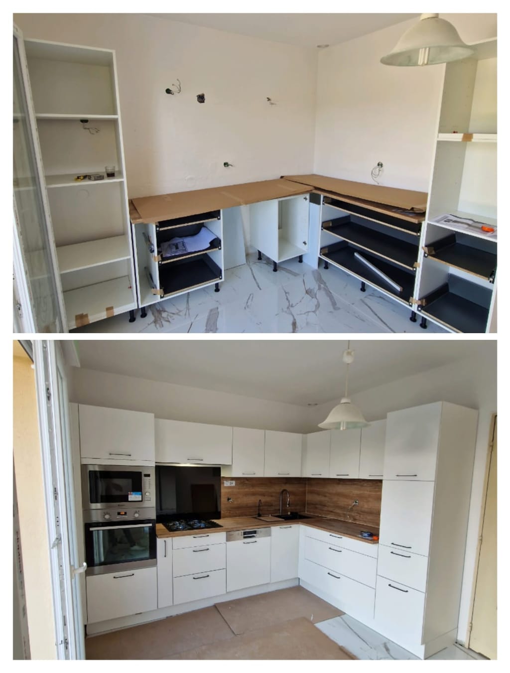 En haut, la cuisine en cours de montage : caissons blancs sur pieds réglables, plans de travail encore protégés et murs nus. En bas, la cuisine terminée avec ses façades blanches, son plan de travail et sa crédence en bois, ainsi que le four et le micro-ondes encastrés.
