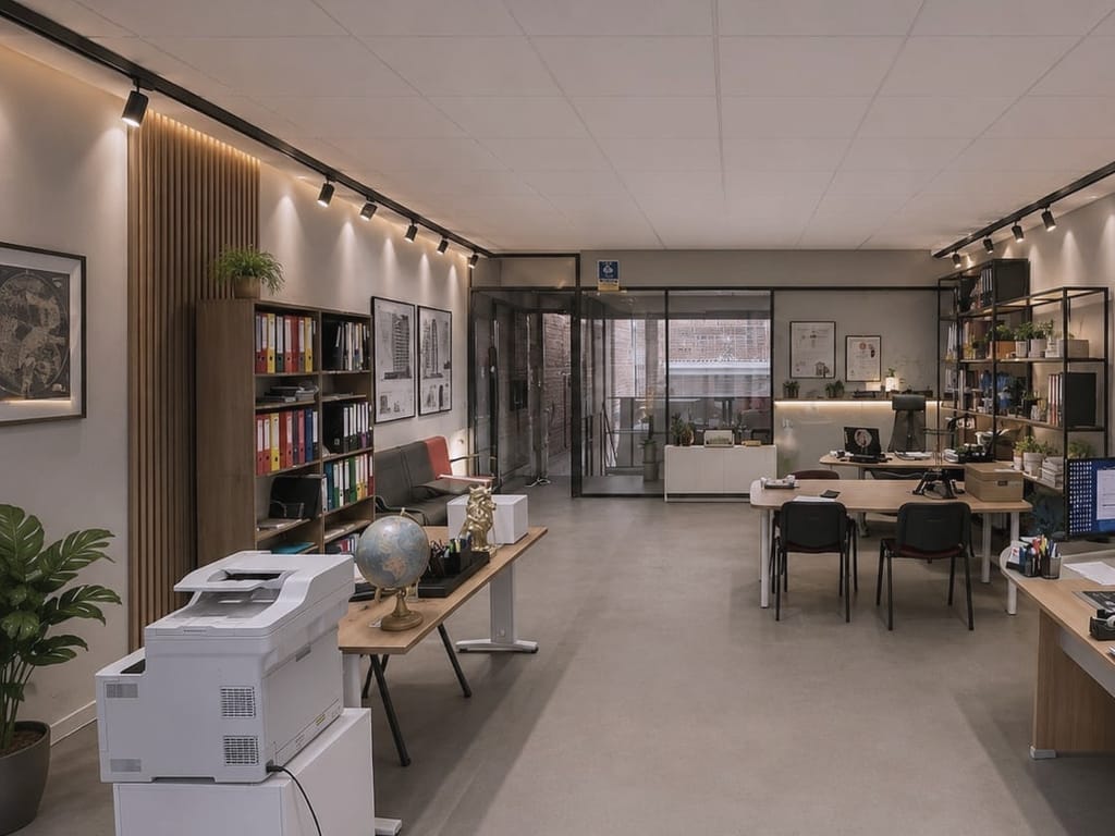 Plateau de bureaux terminé : faux plafond à dalles avec éclairage sur rails, murs habillés de tasseaux de bois, cloison vitrée à châssis noir séparant l'entrée, tables de travail et étagères métalliques.