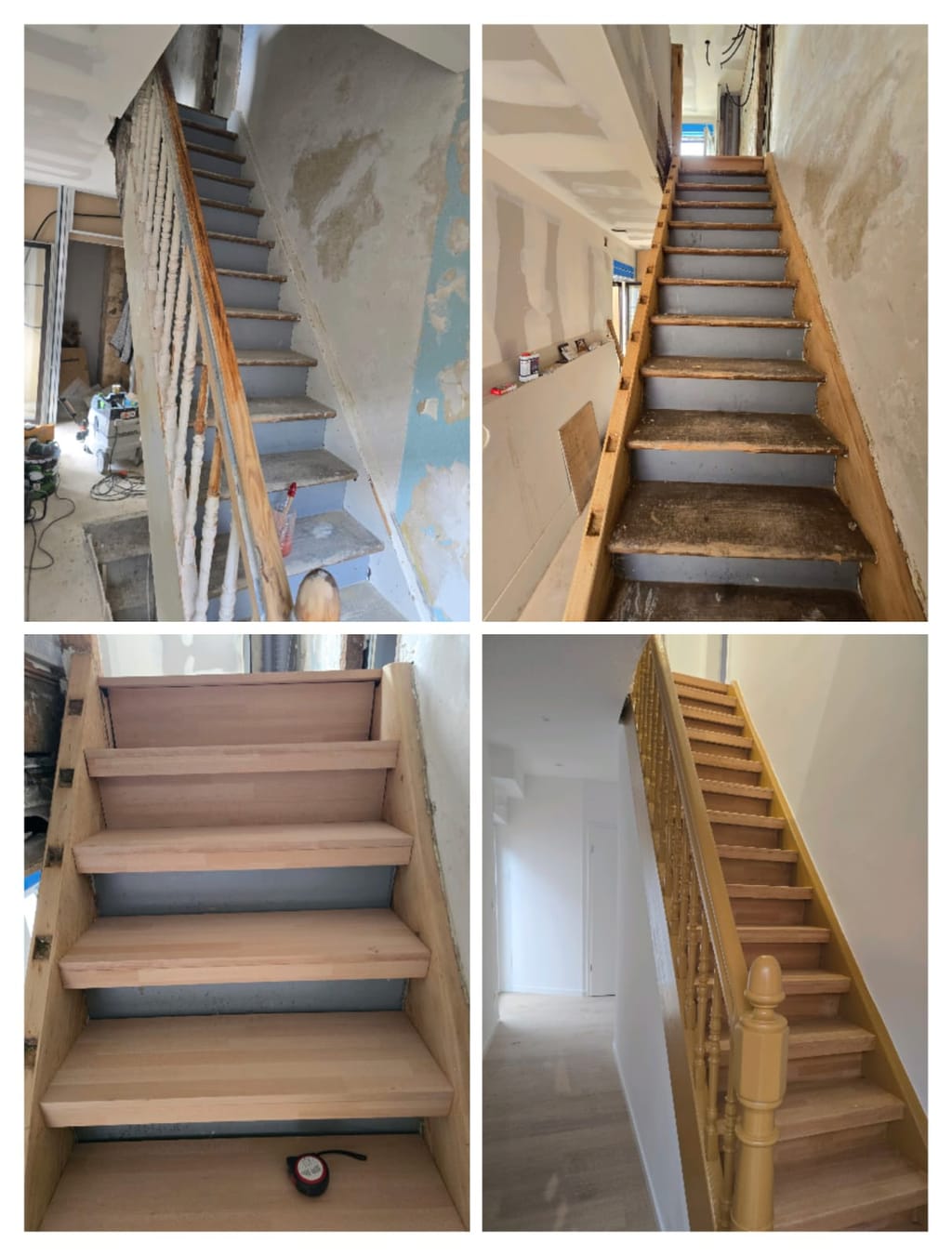 Quatre vues de la même cage d'escalier. Avant : marches nues, garde-corps en cours de démontage et murs décapés. Après : marches habillées de bois clair, garde-corps tourné laqué, murs repeints en blanc et parquet posé dans le couloir.